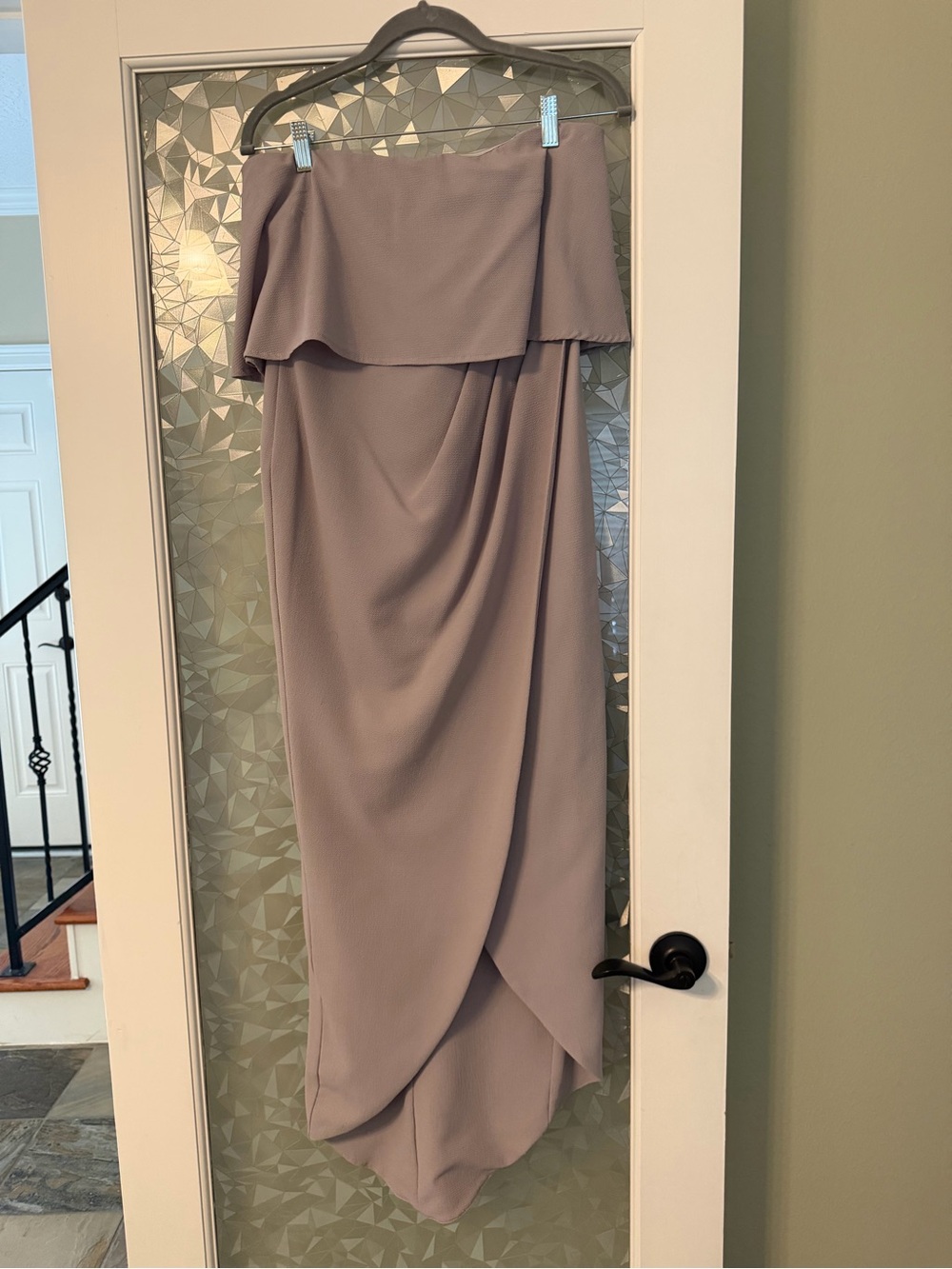 Showpo Strapless Draped Tulip Midi Dress in Mauve Taupe